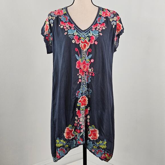 Johnny Was Embroidered Tunic Mini Dress Gray Rayon | Women's Small - Picture 1 of 16
